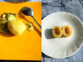 猕猴桃两头切掉，用勺子沿着皮转一圈就轻松脱皮了。将去皮的猕猴桃中间切开。