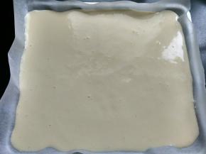 将油纸放入烤盘，将蛋糕糊从10cm的高处倒入烤盘，振动几下，振出气泡，将烤盘放入预热好的烤箱，上下火140度，30分钟。