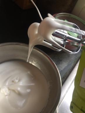 蛋白加几滴柠檬汁，分三次加糖打发，打到湿性发泡即可，不要太硬