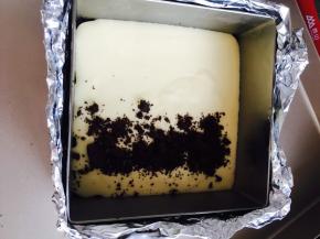 取出冰箱中冷藏的饼底，倒入一半奶酪糊，加入奥利奥碎，这个随心所欲了，看个人喜好加