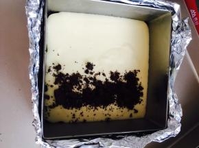 取出冰箱中冷藏的饼底，倒入一半奶酪糊，加入奥利奥碎，这个随心所欲了，看个人喜好加