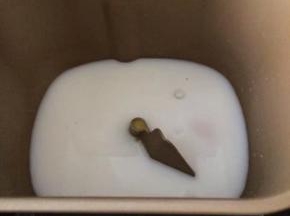 为了方便，我直接用面包机和面发面的，先放入液体：牛奶和水、鸡蛋