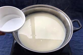 煮滚的豆浆冷却2分钟左右，倒入兑水的内酯。500克的干黄豆泡水后打磨成豆浆，放3克内酯兑水足矣