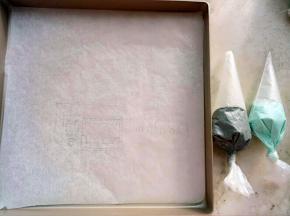 每个小碗里取4克打好的蛋白翻拌均匀，装入裱花袋里。油纸上画好想要的图案，然后反过来放在烤盘里。