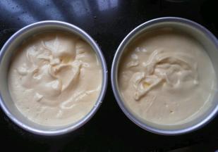 将混合好的蛋糕糊倒入模具内，然后将模具在台面上轻震两下，震出大气泡！