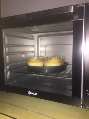 放入合适的烤盘中，烤盘内加一半水，放入预热好的烤箱180度烤15分钟，转160度再烤15-20分钟，看蛋糕上色情况定