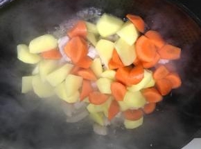 倒入土豆和红萝卜，翻炒后加水煮软