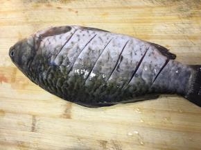 将鲫鱼洗净后去鳞片背部划花刀