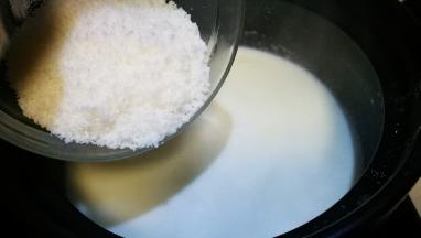 锅中放入牛奶我加入椰蓉白糖