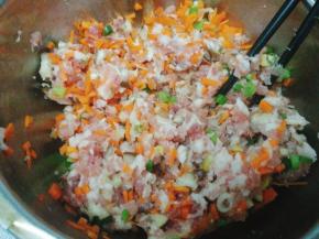 加入胡萝卜，姜末，香菇末（这个提前切好用腌制下，用手挤出水后拌馅）香葱，蚝油，生抽，白糖，葱头酥油，加点清水顺时针搅拌上劲