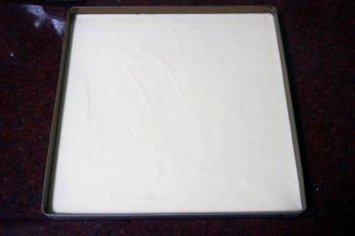 将面糊倒入刚才的烤盘内，并震荡出大气泡。