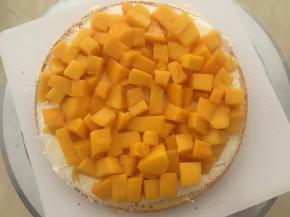 蛋糕坯抹上一层奶油，一层水果，再抹奶油，这样一层水果奶油夹心就做好了，接着又一层蛋糕坯一层水果奶油夹心……一直把2层水果夹心和3片蛋糕坯，完整放好