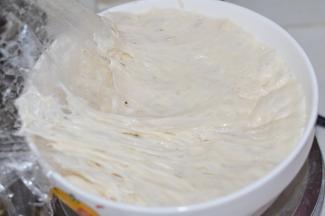 将中种面团材料放入一个大碗中（一定要大一点，发酵过程，面团会膨胀），然后用刮刀搅拌均匀，盖上保鲜膜，放入冰箱冷藏15到17个小时左右。（做好的面团体积会膨胀大约3倍，表面产生密集的气泡。）