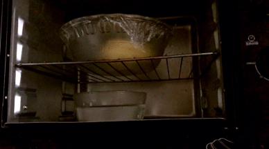 放入烤箱中层，下层放一碗热水，面团发酵1小时至两到三倍大