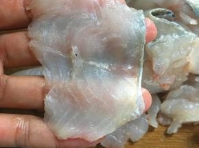 鱼骨斩成大块，鱼肉片成薄片。