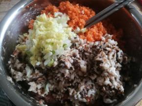 放入香菇碎，胡萝卜碎，香葱末，姜末，拌匀。