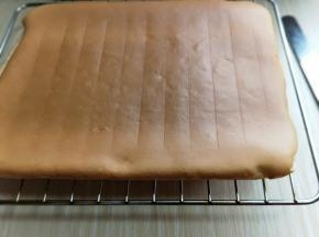 蛋糕烤好后，戴上隔热手套迅速取出烤盘，垂直摔一下，震出热气，趁热撕下油纸，翻面朝上，撕掉油纸后马上将蛋糕翻面，正面朝上，不然水蒸气加热气会导致蛋糕皮被粘掉。