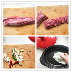 将里脊肉洗净，去筋斜着切成两半，切厚片；葱姜段切好备用；黑乐砂锅用水冲洗干净，擦干水份，备用。