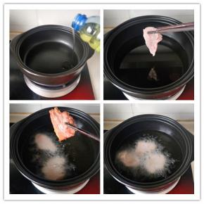 将裹匀淀粉的肉片放十分钟。	砂锅中倒入食用油，加热到七成熟。将肉片一片片下入锅中炸至起泡浮起。分次把肉炸好，然后油温继续加热至最高。