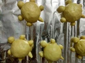 乌龟的头、脚和尾巴排气后整型，摆放在乌龟身体的四周成乌龟的形状。之间留空隙，以免发酵后粘连。
