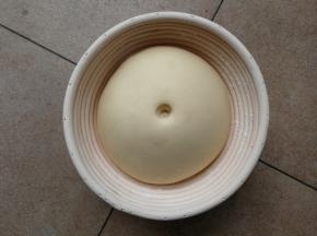 大约一小时，面团发酵至两倍大，手指粘粉戳洞不塌陷不回缩，一发完成