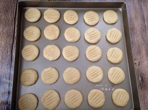 直接用手揪一小块面团搓圆后按扁放入不沾烤盘，然后用叉子在每个面团上按一下压出花纹，我的面团每个大约10g左右，一盘烤不下，另外多出来的几个第二盘再烤