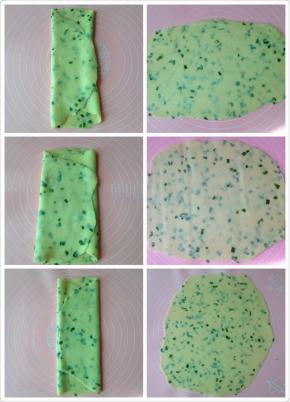 将面片进行三次三折三擀，最后擀成约0.2厘米的方形薄片，尽量擀得均匀