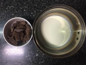 1:1的巧克力和淡奶油，将淡奶油热一下，放入巧克力，静至一会儿，让巧克力充分融化，然后从容器中心开始搅拌，顺滑了就可以。甘纳许就做好了。