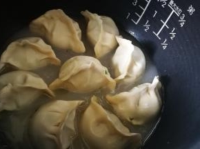 灯跳到保温键时开盖 加入清水至饺子一半处 盖好锅盖 按下煮饭键