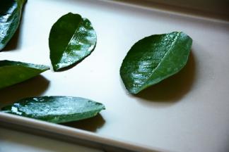 在柚子叶上面涂抹一些橄榄油。