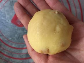 用菠萝皮包住大部分的面团，收口朝下，放进烤盘