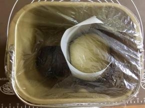 把两个面团中间隔上一张烘焙纸，避免混色，放入面包桶，盖上保鲜膜放在温暖处进行基础发酵。参考温度28°，时间约一个小时。