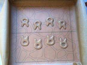 将可可蛋黄糊放入裱花袋，挤入烤盘中，油纸下面垫上图案，放入烤箱160度中层1分钟拿出，