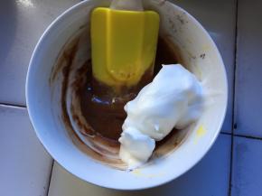 分一点打发好的蛋白到可可蛋糕糊中，搅拌均匀，不从下往上搅拌