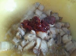 肉片中倒入2勺郫县豆瓣酱，翻炒均匀。