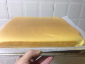 13.烤箱预热170°  中层烤25分钟 出炉 震一下烤盘  蛋糕胚 移到晾网上 撕开侧面的油纸散热  表面盖一层油纸 防止表面过干