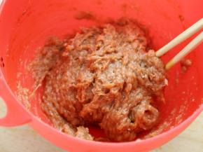 鸡肉泥中加鸡蛋1个、老抽5克、生抽10克、蚝油5克、盐2克、糖6克、十三香1克拌匀。