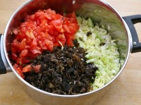 西红柿和木耳也切碎放入盛包菜锅里，轻轻地抓一抓拌匀。