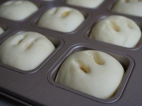 放在法焙客9连方型模具里，割两道小口，入烤箱发酵45分钟。（用烤箱自带的发酵功能即可，烤箱内放置一碗热水）