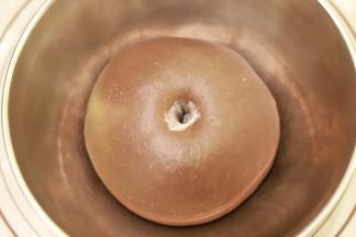 取出面团，整成圆形后放入盆内，盖上保鲜膜进行一发，26度40分钟，手沾面粉插入面团，洞口不塌陷不回缩即发酵完成