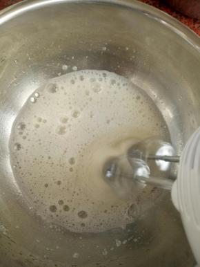 烤箱提前10分钟上下火110度预热。蛋白加入几滴柠檬汁或白醋（不加也可），打发至鱼泡眼加入三分之一细砂糖，继续打发至蛋白糊细腻再加入三分之一糖。