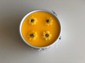 倒入镜面需要的百香果吉利丁溶液，放入冰箱冷藏，直至慕斯完全凝固，脱模的时候用吹风机吹热一下模具四周，就很方便脱模了