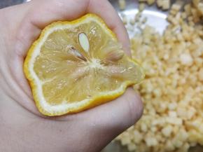 一个柠檬把汁全部挤进苹果丁里，把籽挑出来。挤完我才发现，为啥我没用榨汁机榨呢