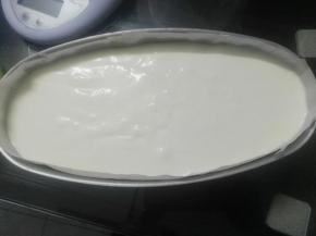 然后把淡奶油和马斯卡彭蛋黄糊拌匀倒入模具里，放冰箱冷冻一晚上，起码也要4-6小时哦，并且要留一些马斯卡彭慕斯备用