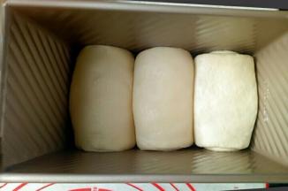 再把面团擀成牛舌形卷起来摆在阳晨金色450g吐司盒里，盖保鲜膜进行二发（温度不要超过38度）大概60分钟左右。