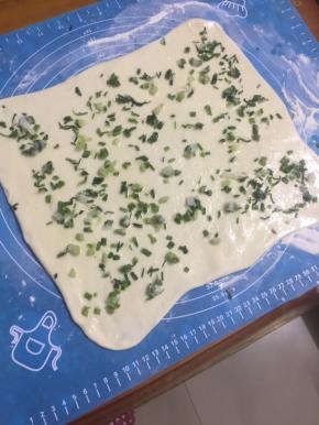 面团拿出，撒粉防粘，擀成长方形，抹色拉油，撒盐，撒葱花