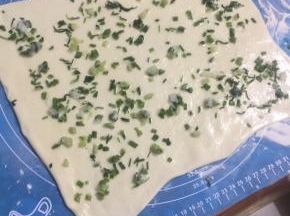 面团拿出，撒粉防粘，擀成长方形，抹色拉油，撒盐，撒葱花
