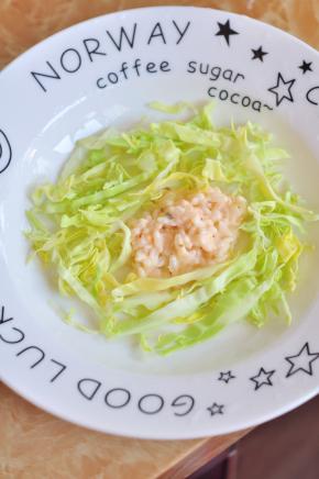 将米饭堆在盘子中央，四周铺上包菜丝。