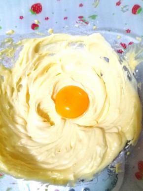 接着把1个蛋黄加进去，继续用打蛋器最低那一档把蛋黄混匀进去，必须确保混匀了，期间用刮刀挂一下碗边，保证均匀。