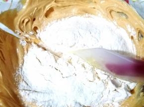 低筋面粉过筛分两次加进去，然后用刮刀切拌混匀，黄油软化到位了，面粉是容易的被黄油吸收进去的，拌匀到看不见干粉就马上停止了，切勿过度搅拌，面粉起筋，曲奇花纹就可以能会消失。